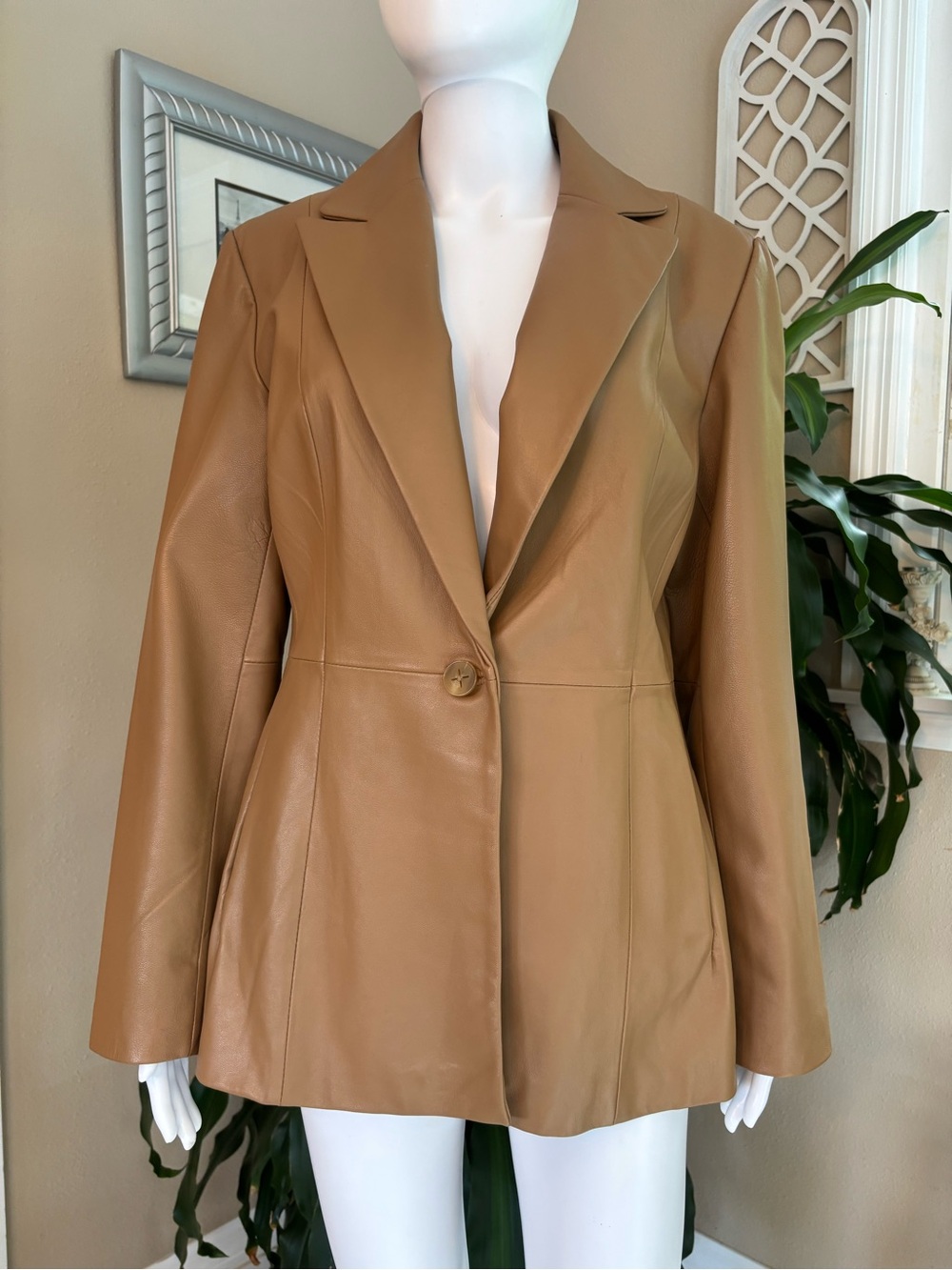 JLC New York Tan Leather Single-Button Blazer Jacket